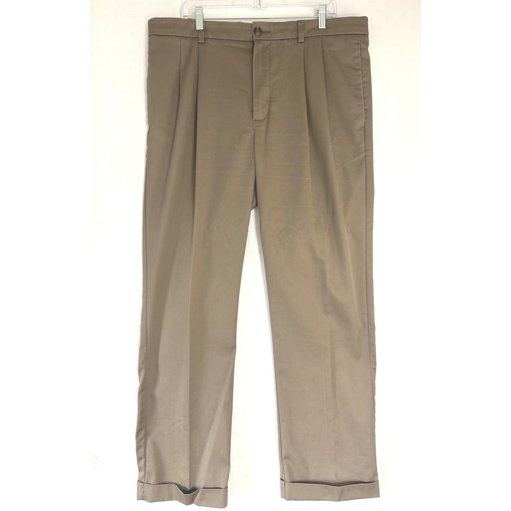 Roundtree & Yorke Total Flex Pleated Khaki Pants Mens 38x32 Brown Cuffed Chinos